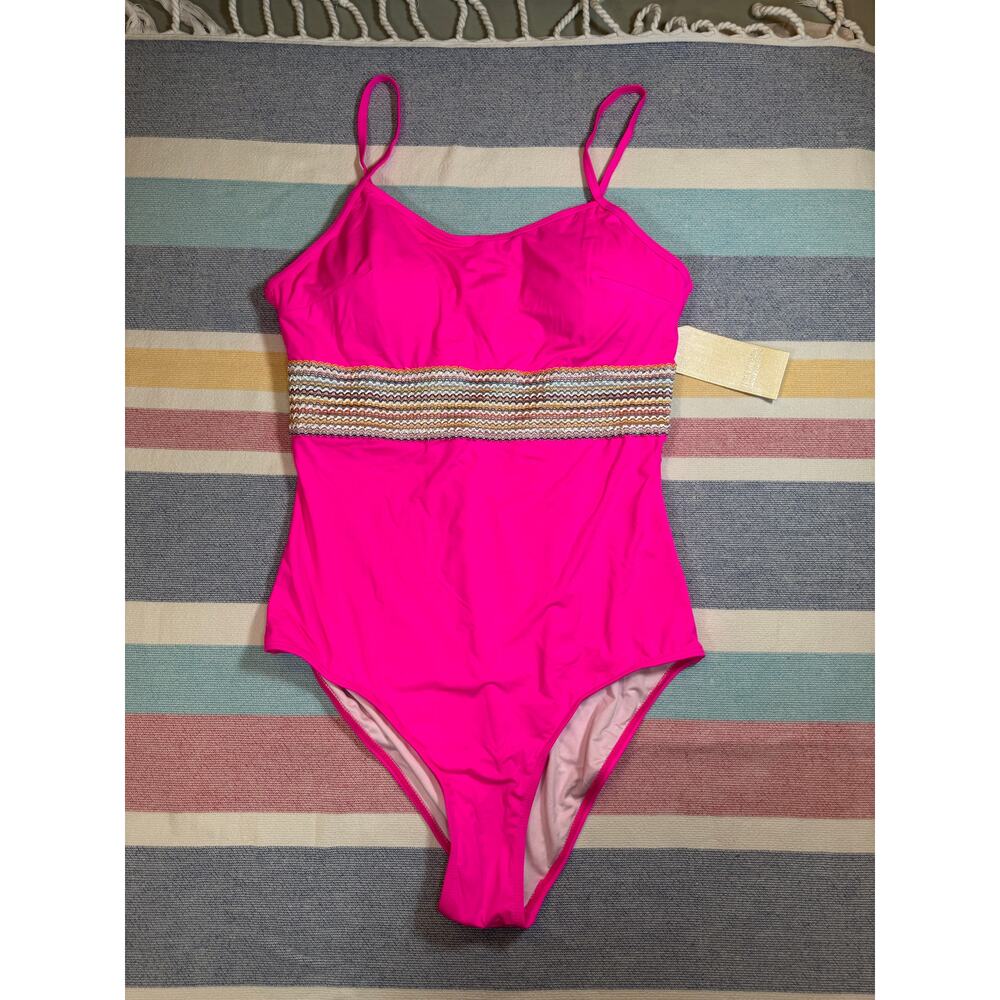 NWT Hot Pink One Piece Swimsuit with Rainbow Smocked Band – Size M